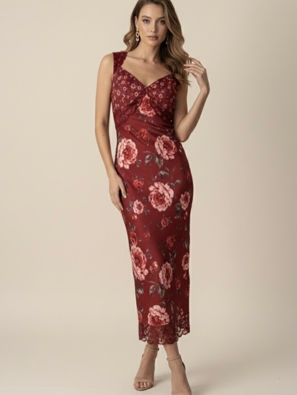 Avec Les Filles Dress Size 8 Burgundy Red Floral Maxi Satin Slip On Slit Zipper